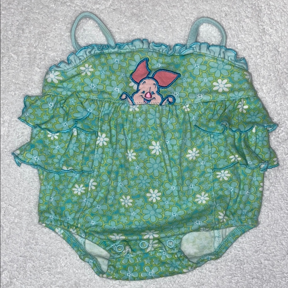 Vintage Disney baby Blue and Green Baby piglet Sunsuit Romper 0/3m